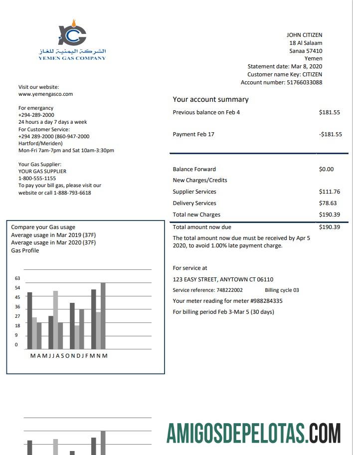 realista Modelo de conta de serviços públicos da Yemen Gas Company em formato Word e PDF